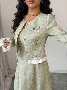 Elenzga Vestido sin mangas con parches de color azul y blanco con bolsillos con botones, conjunto elegante y casual para mujeres - Verde Pastel - Ver 6