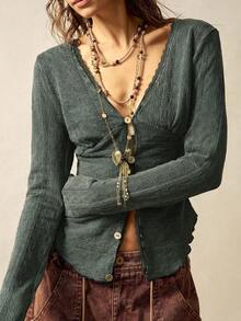 Bohemela 女式休闲纯色V领长袖针织上衣 - 黑色 - 查看 5