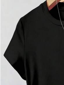 少女黑色可爱猫狗印花短款休闲T恤，高腰修身款 - 黑色 - 查看 4