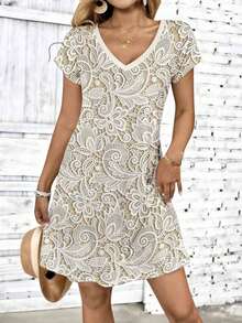 Resyla 女士仿花卉印花连衣裙，休闲舒适撞色设计，适合春夏日常穿着 - 杏色 - 查看 5