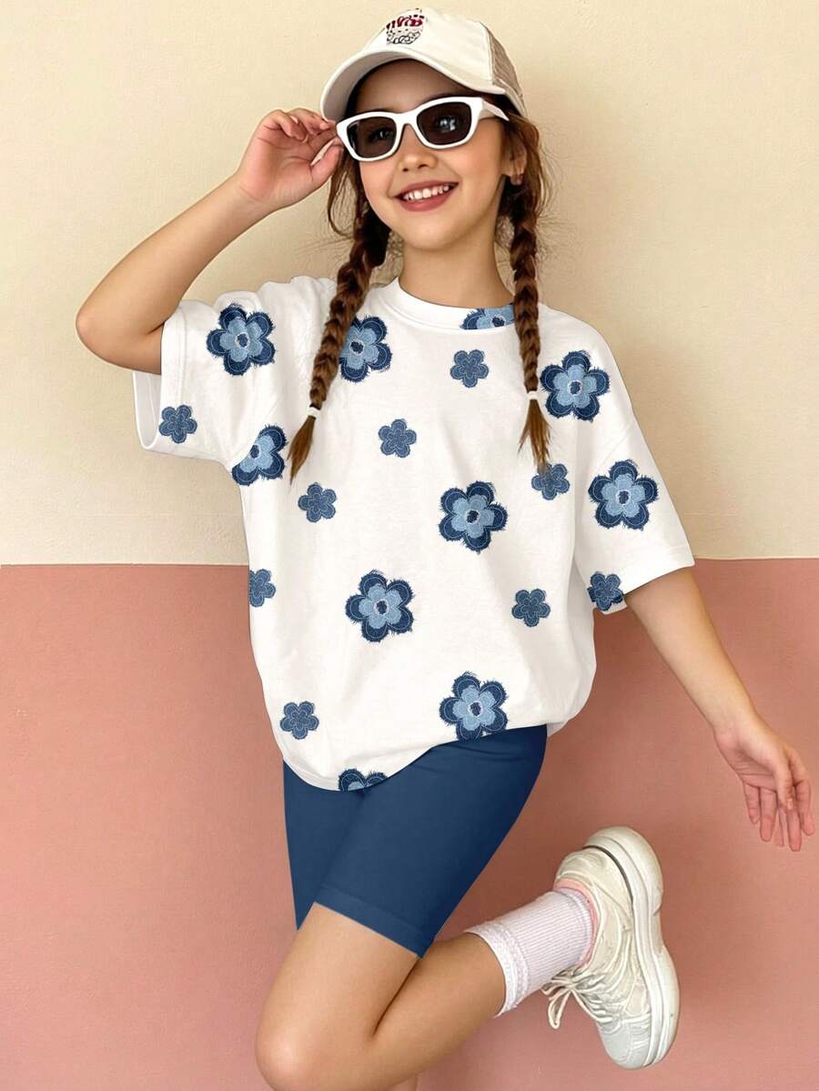 两件套少女休闲印花短袖圆领T恤和修身骑行短裤套装,适合春夏日常穿着、外出、校园活动,复古印花图案,春夏时尚单品。 - 白色 - 查看 1