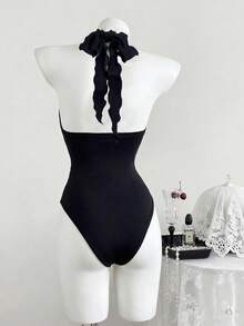 SHEIN MOOSTA 黑色褶皱露背蝴蝶结连体衣，休闲度假百搭款 - 黑色 - 查看 2