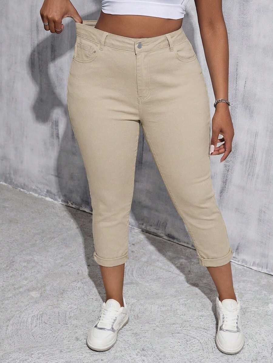 SHEIN Tall CURVE 大码女式白色牛仔弹力修身七分裤