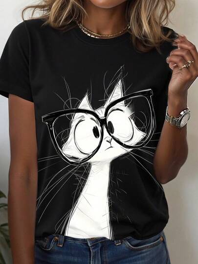 EMERY ROSE Women's Round Neck Cat Print Casual Versatile Daily Wear Short Sleeve T-Shirt