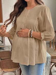 SHEIN Camisa casual de maternidad de unicolor, cuello redondo, manga 3/4 y abotonadura sencilla - Caqui - Ver 3