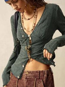 Bohemela 女式休闲纯色V领长袖针织上衣 - 黑色 - 查看 3