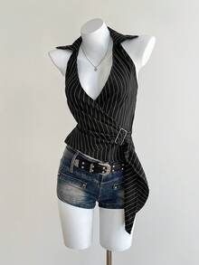 Elamini Áo sơ mi nữ cổ yếm thời trang kẻ sọc cài nút bên hông - màu đen - Xem 3