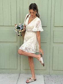 Serisse Women Elegant Holiday Casual Solid Color  V-Neck Ruffle Sleeve Cut Flower Chiffon Casual Dress With Lace Embroidery And A-Line Hem,Vacation Style,Jacquard Textured Babydoll Dress,Romantic Jacquard Flower Summer Dress,Ruffled Dress,Summer Dresses For Women Vacation Outfits Woman Beach Outfits For Woman Dresses For Women Elegant  Business Casual Woman,Casual Dresses For Women Summer Vacation Outfits Wedding Guest Dress For Women Carnival Dress - Apricot - View 4