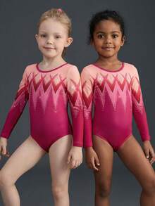 女童服装，渐变菱形装饰体操服，高弹力，户外运动，舞蹈，瑜伽，体操连体衣，四向弹力，高弹力 - 玫紅色 - 查看 2