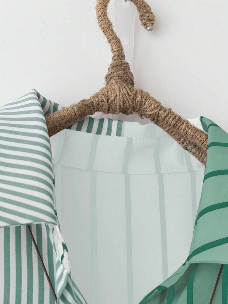 SHEIN LUNE CURVE 大码女式条纹长袖休闲宽松纽扣衬衫 - 綠色 - 查看 3