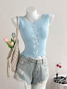 Elamini Y2K 复古镂空针织背心，女士夏季针织上衣 - 淺藍色 - 查看 4