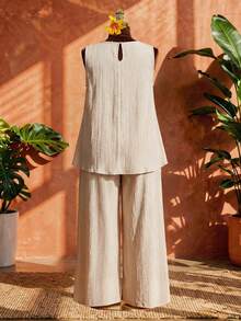 SHEIN CURVE+ Conjunto de 2 piezas de top de tirantes y pantalones de unicolor informal de talla grande - Caqui - Ver 2