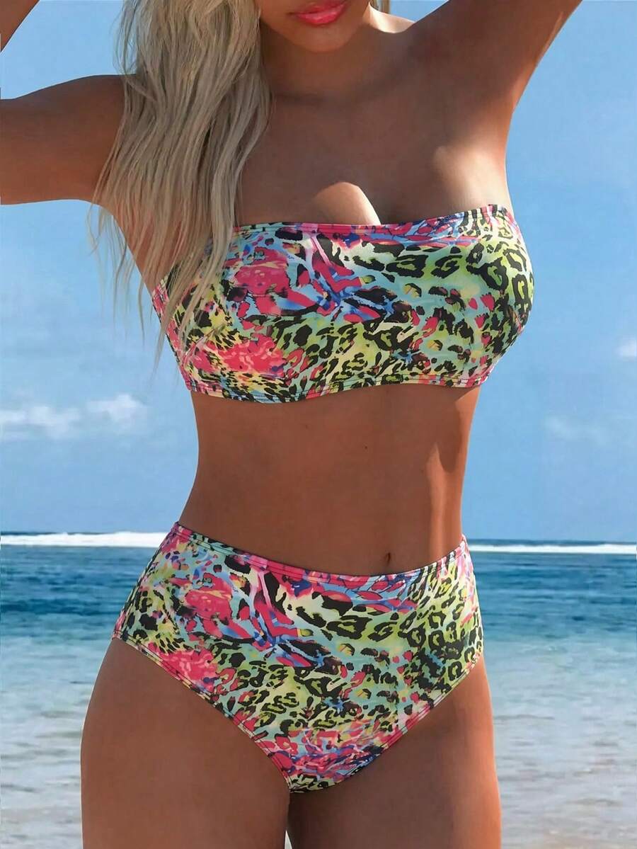 Swim Vcay Bộ bikini hai mảnh cạp cao, họa tiết ngẫu nhiên dành cho nữ, thích hợp cho mùa hè. - Nhiều màu - Xem 1