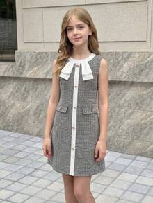 Elladie kids 女孩甜美公主风清新可爱黑白撞色圆领短袖中长款薄纱连衣裙，饰有3D白色花朵，适合生日派对、幼儿园、日常外出、家庭聚会等场合。 - 黑色 - 查看 5