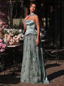 Glamrae Đầm maxi ren satin tay dài đính cườm và kim sa sang trọng, gợi cảm, không dây vai, thích hợp cho đám cưới, sự kiện, tiệc tùng, kỳ nghỉ, dạ hội (được trang trí cầu kỳ). - Màu xanh nhạt - Xem 4