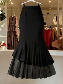 GlowEve Women's Black High Waist Slimming Elegant Fashion Elegant Versatile Double-Layer Fishtail Hem Skirt, Summer - Black - View 1