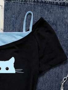 Attitoon Áo thun ngắn tay nữ kiểu dáng retro màu đen và xanh phối tương phản, in hình mèo xanh đang nhìn trộm, thích hợp cho mùa hè. - xanh và đen - Xem 4