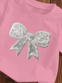 3pcs/Set Girls (Small) T-Shirts, Pink, White, Black, Faux Sequins & Sequins Bow Graphic, Cute All-Match Everyday Wear, Suitable For Spring, Summer, Autumn, 4Y-7Y, Matching Sister Outfits - Multicolor - View 3