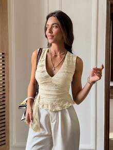 Serisse Blusa casual versátil de unicolor y plisada para mujer - Albaricoque - Ver 3