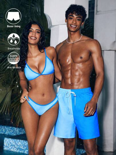 Manfinity Swimmode Men's Color Block Drawstring Waist Casual Beach Shorts Men Blue Swim Trunks Swimming Shorts For Men