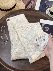 GlowEve 时尚新款优雅蕾丝镂空拉链前开合女式休闲裤 - 杏色 - 查看 3