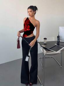 Siren Gaze 休闲优雅性感红黑撞色花卉印花不对称下摆扭纹前开襟衬衫，适合夏季、派对、度假 - 彩色 - 查看 7