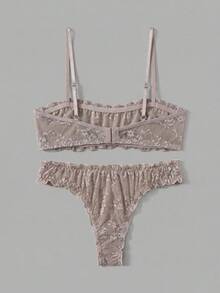 lacRébo 淡紫色蕾丝荷叶边内衣套装，含抹胸文胸和配套内裤，性感别致 - 灰色 - 查看 9