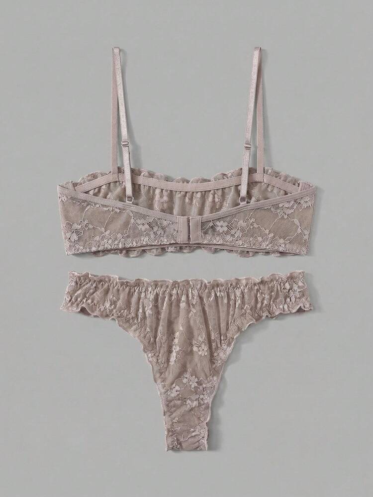 Dusty Pink Lace Ruffle Lingerie Set With Bandeau Bra And Matching Panties Sexy Chic
