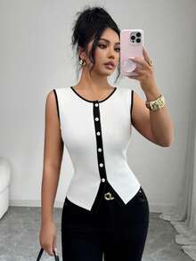 Elenzga Women's Round Neck Single-Breasted Casual Versatile Daily Wear Top - Black and White - View 2