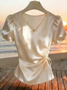 SHEIN LUNE Beige,Summer,Elegant,Tea Party French Fashion Satin V-Neck Drawstring Pleated Fitted Puff Sleeve Casual Blouse For Women,Exquisite Design Top - Apricot - View 3