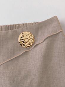 SHEIN PETITE CURVE 大码女式金属装饰纯色阔腿裤，适合休闲、派对、通勤等多种场合，可裹身穿着，优雅百搭，是女士正装裤、女士长裤和阔腿裤的理想之选。 - 卡其色 - 查看 3