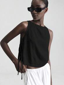 Ontre 2026春夏斯德哥尔摩风格，女士教师套装，女士休闲宽松音乐节套装，度假风，亚麻材质，侧边蝴蝶结装饰，黑色圆领无袖上衣，女士衬衫，商务休闲日常穿着 - 黑色 - 查看 2