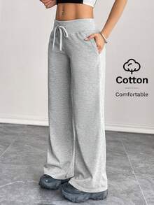 SHEIN PETITE Quần nỉ nữ ống rộng cạp thấp, chất liệu dệt kim trơn, thoải mái và giản dị. - Xám - Xem 4