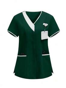 TaskEZ 2pcs V-Neck Short Sleeve Top And Pants Uniform Set, Cleaning Service Outfit - Dark Green - View 5