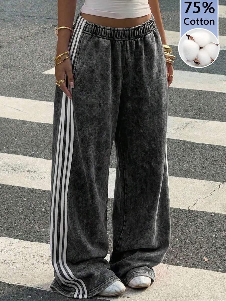 SHEIN EZwear Quần ống rộng dệt kim màu đen, quần thể thao nữ. - màu đen - Xem 1