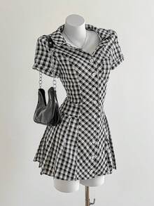 Elamini Plaid Front Button Fitted Stylish Summer Mini Dress - Grey - View 6