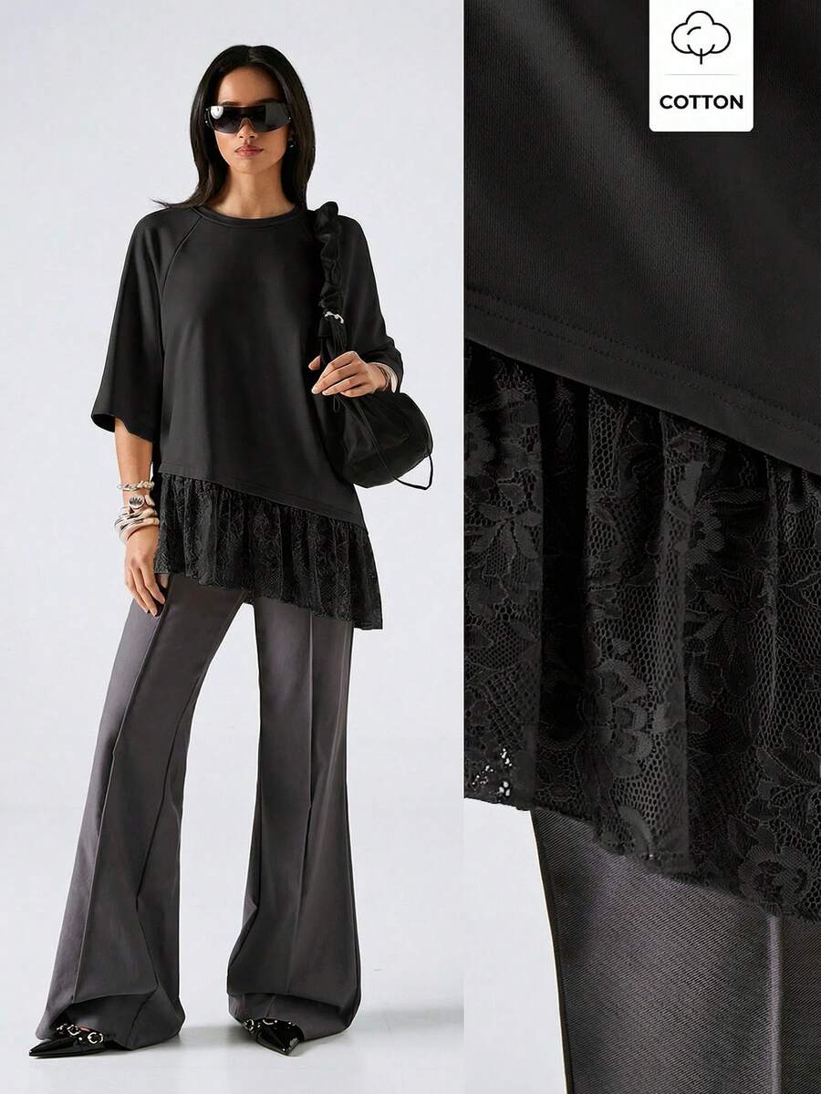 LYSMO 2026 New Minimalist Spring Women's Round Neck Lace Patchwork Casual Everyday Mid-Sleeve T-Shirt, 2026 New Black T-Shirt For Summer Women - Black - View 1