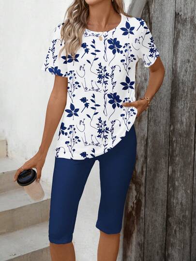 Sylviya 2pcs/Set Casual Minimalist Vacation Bohemian Elegant Retro Navy Blue Ditsy Floral Pattern, Beach Outfit, Vacation Outfit, Women Summer Outfit, T-Shirt And Leggings