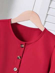 SHEIN 2pcs Tween Girl Print Petal Sleeve Shirt + Asymmetric Button Skirt Set, Comfortable Spring/Summer Holiday Outfit - Burgundy - View 6