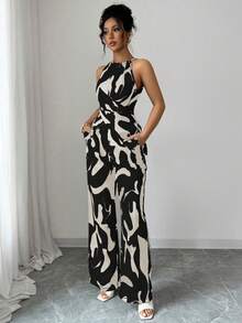 Selianne Bộ áo hai dây xếp ly bằng vải in họa tiết dành cho nữ, thích hợp cho kỳ nghỉ và mặc hàng ngày, bộ áo liền quần cổ yếm thanh lịch và duyên dáng cho phụ nữ, áo liền quần ống rộng, áo liền quần sang trọng, áo liền quần đen trắng. - màu đen - Xem 6