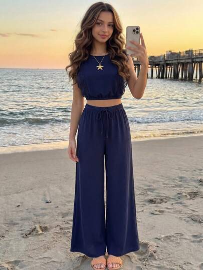 SHEIN Teen Girls Tank Top Co-Ords Elegant Summer Solid Royal Blue Color Outfits For Sleeveless Lace Crop Top And Waist Tie Casual Textured Pants Set