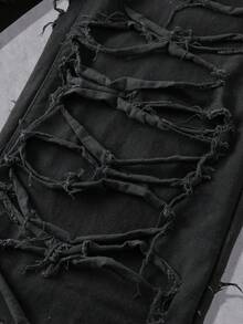 Manfinity Denimwave 男士休闲破洞毛边黑色阔腿牛仔裤 - 黑色 - 查看 6