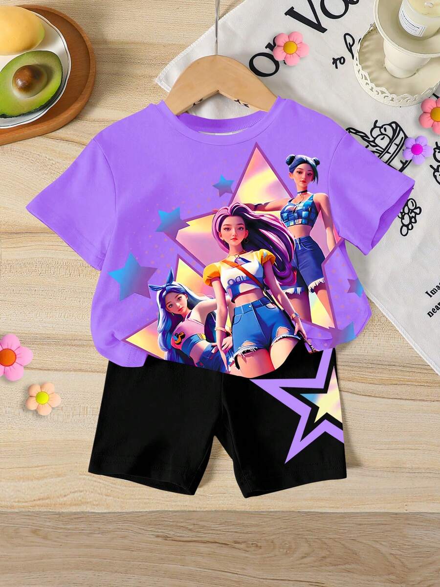 一套女童休闲韩流卡通渐变闪亮星星印花短袖针织T恤和配套星星图案印花短裤套装，舒适的T恤套装，适合女童日常、假期和上学穿着。 - 彩色 - 查看 1