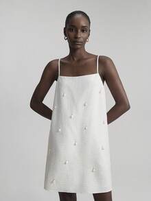 Ontre 2025新款宽松A字白色连衣裙，舒适休闲风格，珍珠装饰，短款吊带裙，适合海滩、度假、波西米亚风、夏季音乐节、西式风格等场合，高品质面料 - 白色 - 查看 6