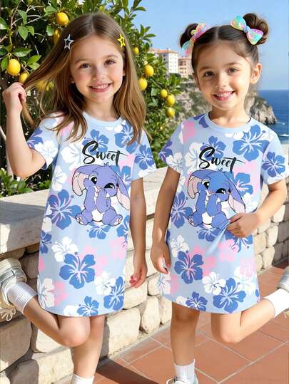 可爱兔子印花数码印花连衣裙，女童及青少年短袖T恤裙，时尚休闲，适合春夏穿着