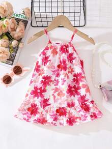 SHEIN Playful Pals 女婴无袖连衣裙，色彩鲜艳的花卉印花，清新亮丽，适合女婴夏季外出、日常穿着和海滩旅行。 - 彩色 - 查看 2