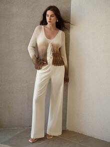 MOTF PREMIUM WOMEN'S OMBRE PATTERN V-NECK HOLLOW TIE-UP FLARE SLEEVE KNIT CARDIGAN, SPRING/SUMMER - White - View 6