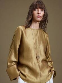 Ontre 2026春夏新款女士办公、婚礼宾客、通勤优雅纯色喇叭袖衬衫，适合毕业典礼等场合 - 卡其色 - 查看 5