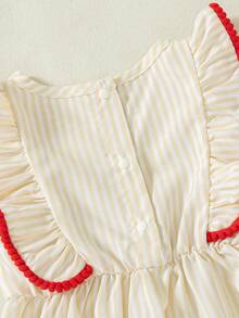 Souflis Souflis Novo Verão Francês Menina Bebê Pêssego Pálido Listrado Design Bordado de Cereja Adorável Babado Recorte Contraste Cor Recorte Combinando Shorts Listrados Macio Adequado para Escola, Brincadeira, Compras e Outras Ocasiões - Damasco - Visão 6