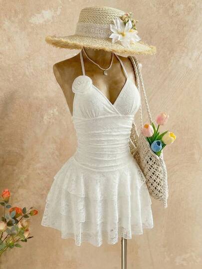 Elamini 女士休闲甜美可爱约会派对假日时尚日常百搭蕾丝面料3D立体花卉装饰多层荷叶边腰部系带蝴蝶结领口系带白色迷你连衣裙